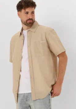 beige calvin klein casual overhemd linen cotton s/s shirt