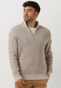 beige calvin klein trui badge plated half zip sweater