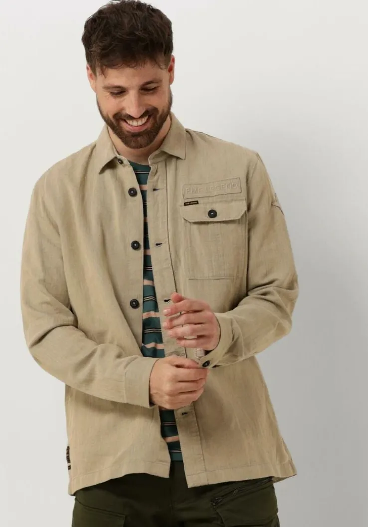 beige pme legend casual overhemd long sleeve shirt ctn/linen 2 tone herringbone