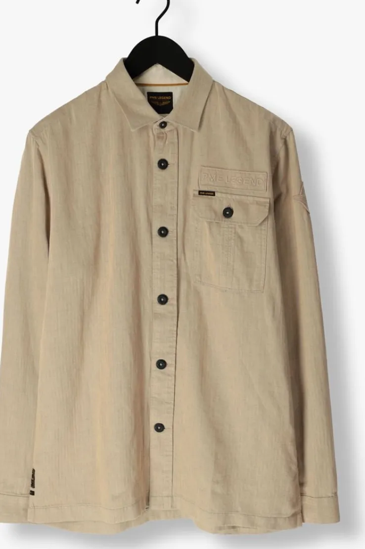 beige pme legend casual overhemd long sleeve shirt ctn/linen 2 tone herringbone