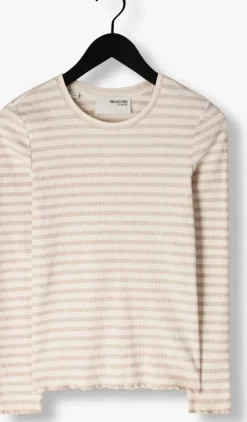 beige selected femme tops & t-shirts slfanna ls crew neck tee stripe