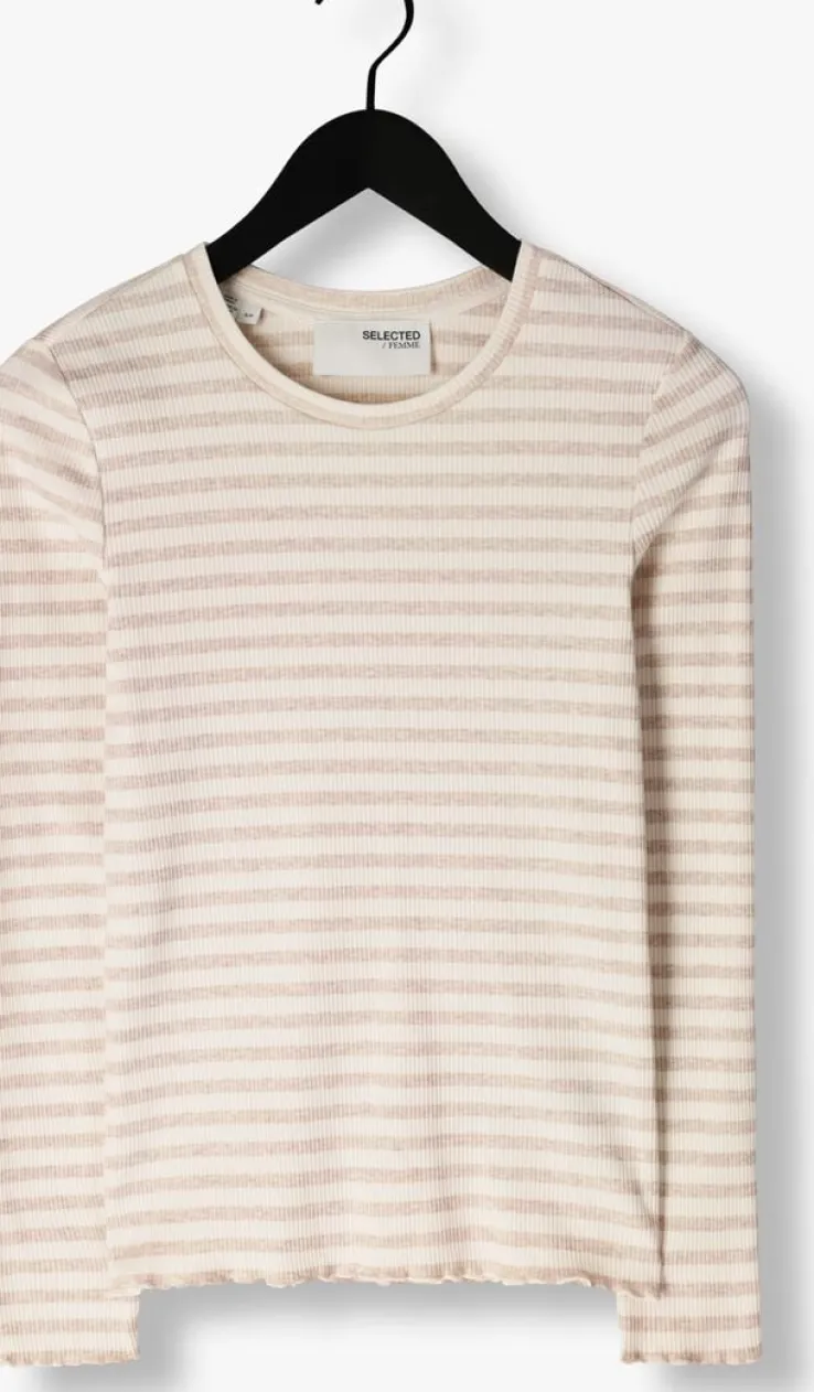 beige selected femme tops & t-shirts slfanna ls crew neck tee stripe
