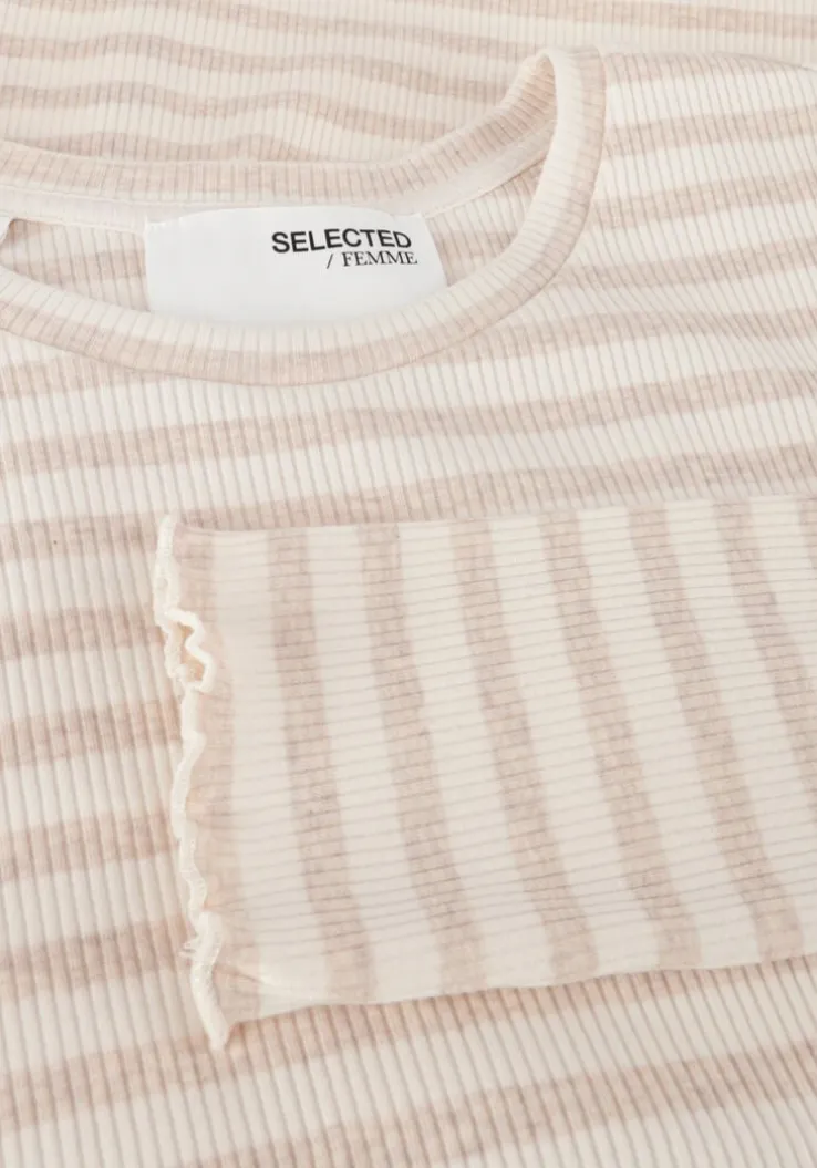beige selected femme tops & t-shirts slfanna ls crew neck tee stripe
