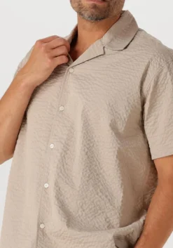 beige selected homme casual overhemd slhrelaxed-ace seersucker ss shirt