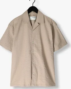 beige selected homme casual overhemd slhrelaxed-ace seersucker ss shirt