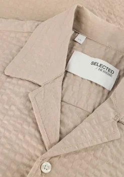 beige selected homme casual overhemd slhrelaxed-ace seersucker ss shirt