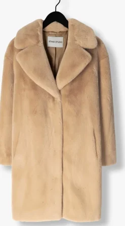 beige stand studio faux fur jas camille cocoon coat