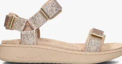 beige woden platte sandalen line glitter