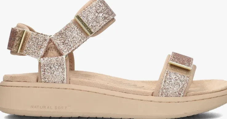 beige woden platte sandalen line glitter