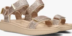 beige woden platte sandalen line glitter