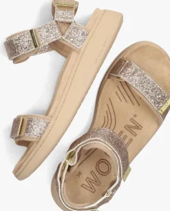 beige woden platte sandalen line glitter