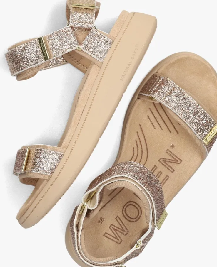 beige woden platte sandalen line glitter