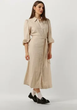 beige y.a.s. midi jurk yasflaxy 3/4 linen shirt dress