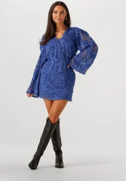 blauwe alix the label mini jurk knitted tape lace dress