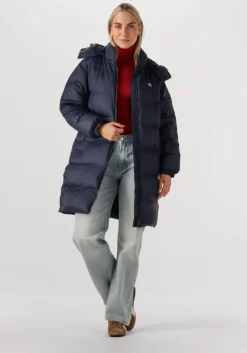 blauwe calvin klein gewatteerde jas essential midweight long puffer
