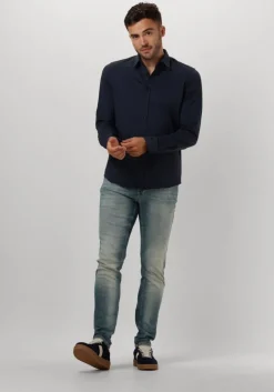 blauwe cast iron casual overhemd long sleeve shirt twill jersey 2 tone