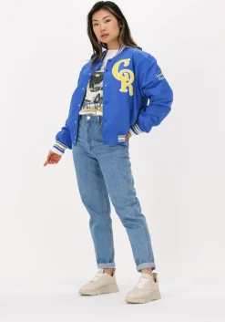 blauwe colourful rebel jack felicia patch satin bomber jacket