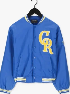 blauwe colourful rebel jack felicia patch satin bomber jacket