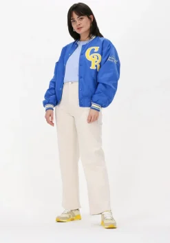 blauwe colourful rebel jack felicia patch satin bomber jacket