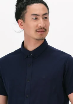 blauwe dstrezzed casual overhemd shirt button down s/s melange pique