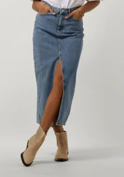 blauwe notre-v midirok denim maxi skirt