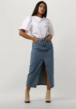 blauwe notre-v midirok denim maxi skirt