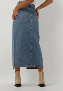 blauwe notre-v midirok denim maxi skirt