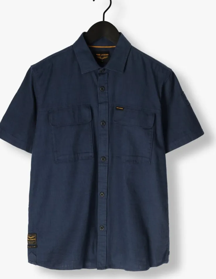 blauwe pme legend casual overhemd short sleeve shirt slub cotton