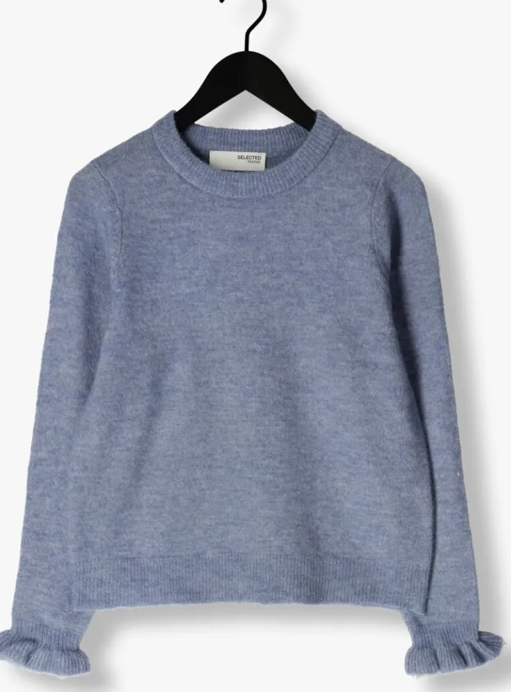 blauwe selected femme trui slflulu ls knit frill cuff o-neck