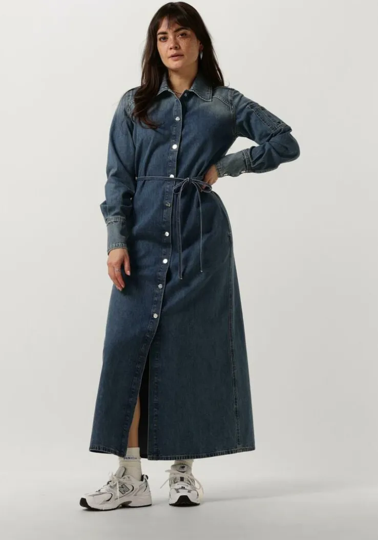 blauwe vanilia midi jurk denim midi dress