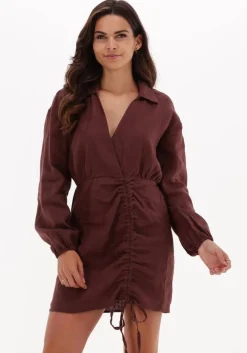 bruine na-kd mini jurk drawstring linen mini dress