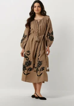 bruine summum midi jurk dress linnen heavy embroidery