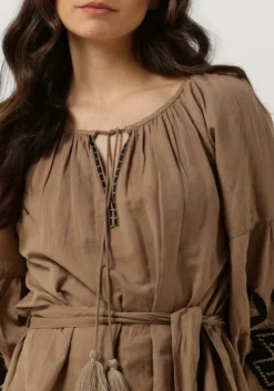 bruine summum midi jurk dress linnen heavy embroidery