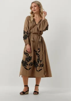 bruine summum midi jurk dress linnen heavy embroidery