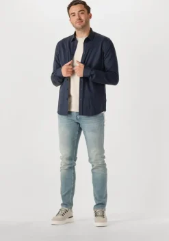 donkerblauwe cast iron casual overhemd long sleeve shirt twill jersey 2 tone