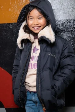 donkerblauwe like flo gewatteerde jas amaya flo girls short fancy hooded jacket