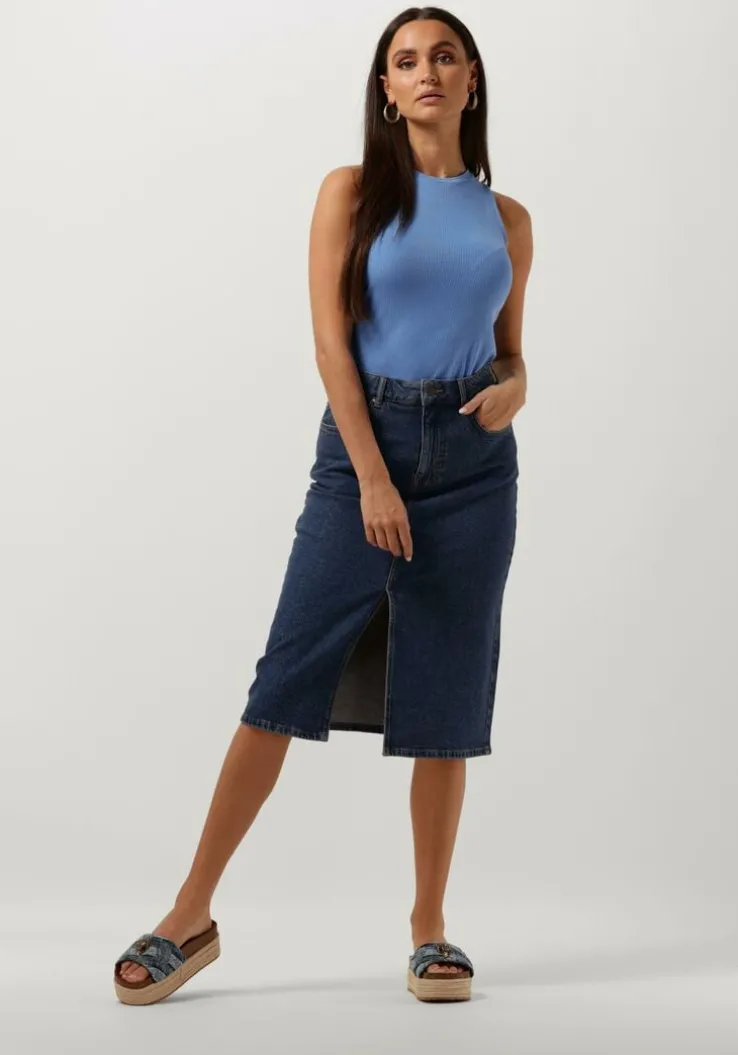 donkerblauwe object midirok objellen midi denim skirt