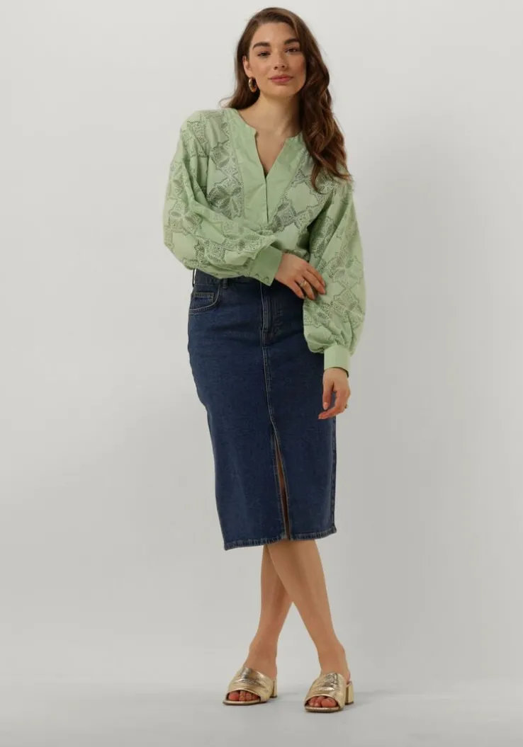 donkerblauwe object midirok objellen midi denim skirt