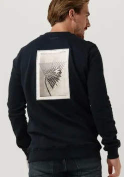 donkerblauwe purewhite trui crewneck with artwork patch on back