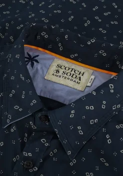 donkerblauwe scotch & soda casual overhemd slim fit printed poplin shirt