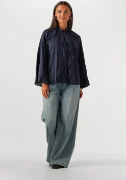donkerblauwe summum blouses top ruffles cotton viscose