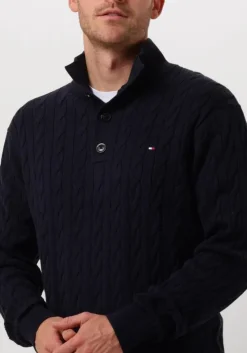 donkerblauwe tommy hilfiger trui classic cotton cable bttn mock