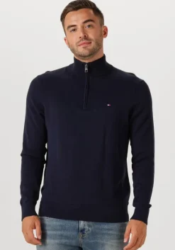 donkerblauwe tommy hilfiger trui essential cotton zip mock