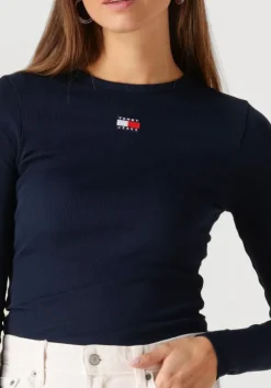 donkerblauwe tommy jeans tops & t-shirts tjw slim ls badge tee ext