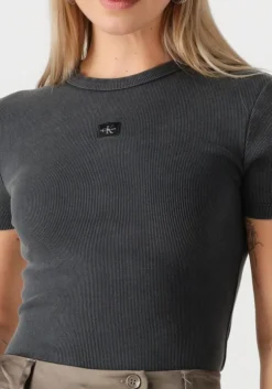 donkergrijze calvin klein t-shirt washed woven label rib fit tee