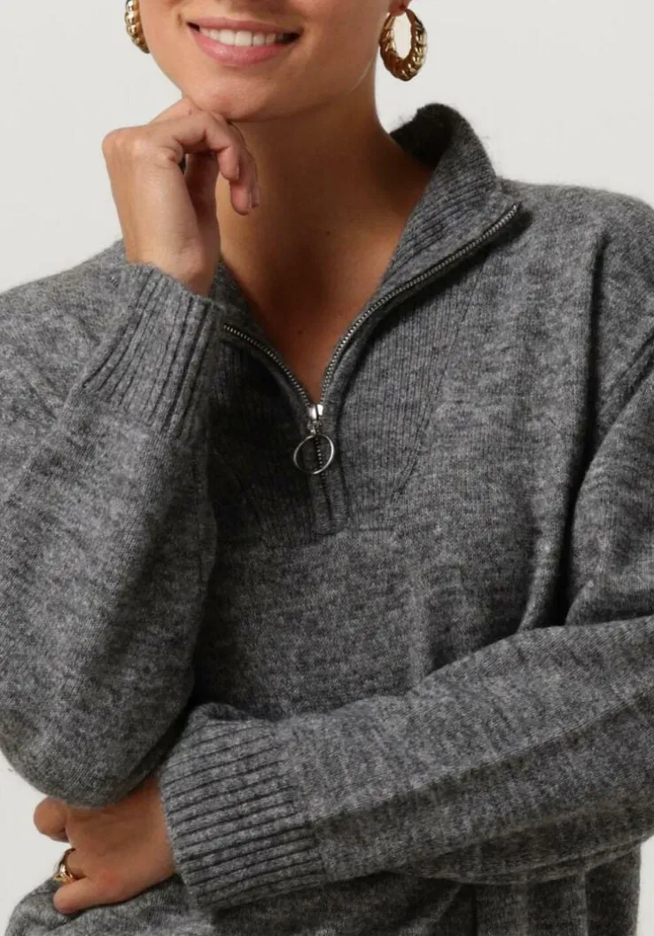 donkergrijze object midi jurk objminna l/s zip knit dress noos