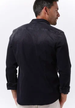 donkergrijze purewhite casual overhemd plain denim shirt with blue pearl buttons