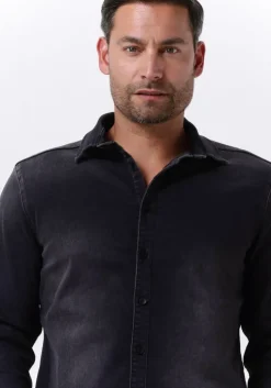 donkergrijze purewhite casual overhemd plain denim shirt with blue pearl buttons