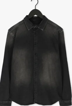 donkergrijze purewhite casual overhemd plain denim shirt with blue pearl buttons