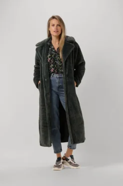donkergroene notre-v faux fur jas fur long coat